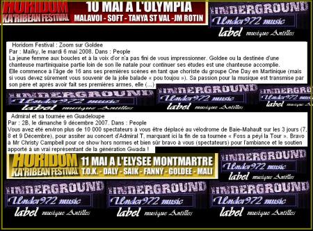 Toute L'actue des artists Antillais DALY FANNY SAIK GOLDEE bientot sur ce blog ils seront le 11 MAI A l'Elysée Montmarte et MALAVOI SOFT TANYA ST VAL JM-ROTIN le 10 mai a l'Olympia 